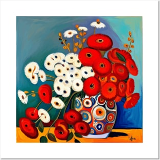 Cute Abstract Flowers in a Red and White Vase Still Life Painting Posters and Art